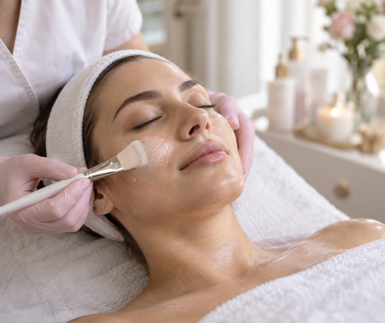 Esthetician performing a gentle facial treatment for acne-prone skin in Ottawa
